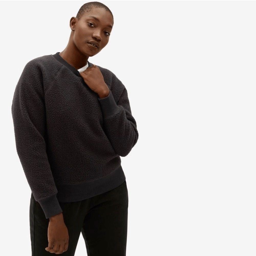 EVERLANE Renew Sherpa Pullover Sweatshirt XXS Black Crew Fuzzy Winter NWT B28